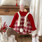 婴儿冬装 加绒包屁衣红色格子小兔爬服圣诞新年服超萌可爱宝宝哈衣
