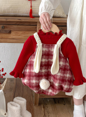 婴儿冬装加绒包屁衣红色格子小兔爬服圣诞新年服超萌可爱宝宝哈衣