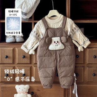 两件套冬季 婴幼儿羽绒背带裤 加厚保暖卡通针织毛衣可爱宝宝连体衣