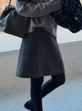 PKH.HK特 冬季爱穿洋气经典格纹显腿长万能配A字厚羊毛呢短裙半裙