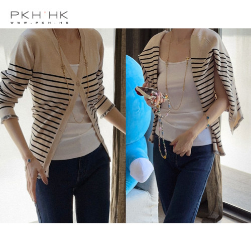 PKH.HK特 新品 经典自留 气质轻熟条纹饰木耳边百搭针织开衫