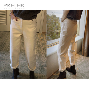 PKH.HK特冬上新自留BI入 温暖时髦高出镜加绒白色翻褊牛仔休闲裤