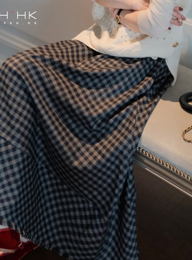 PKH.HK特冬季日常时髦暖暖花苞敲美蓝灰格大梨子友好A字流苏半裙