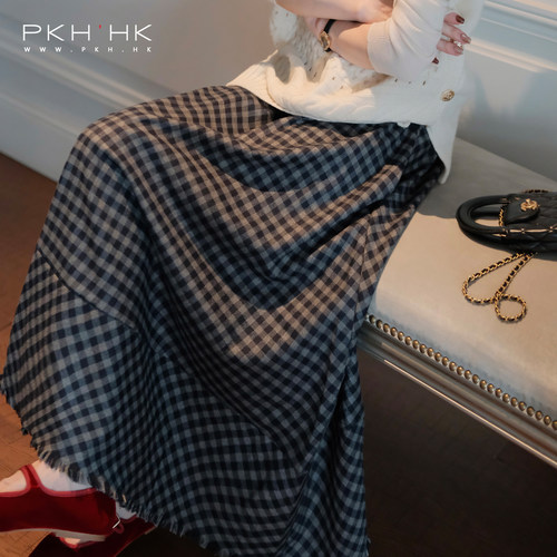 敲美蓝灰格大梨子友好A字流苏裙