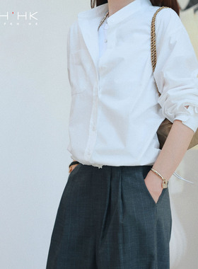 PKH.HK特 春上新 日常精致时髦可调节下摆收腰利落小立领休闲衬衣