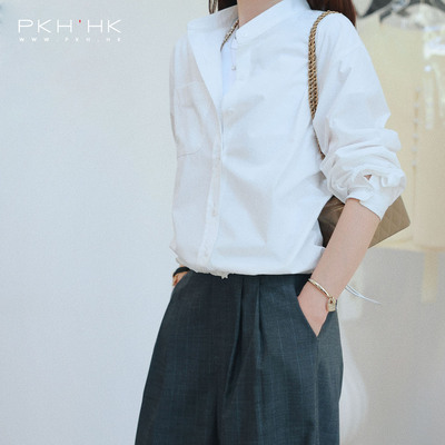 PKH.HK特 春上新 日常精致时髦可调节下摆收腰利落小立领休闲衬衣