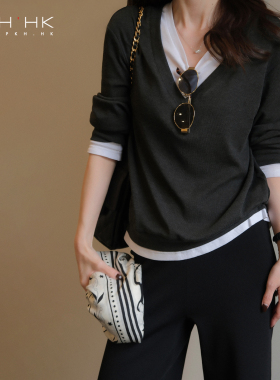 PKH.HK特 春上新 质感BI入不费力时髦舒适撞色V领假两件针织T恤