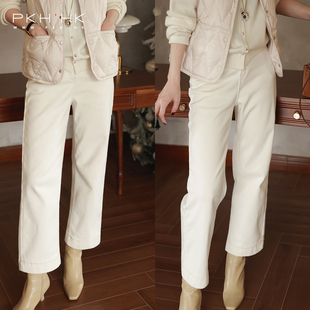 PKH.HK特冬季收官日常好穿暖白通勤利落不臃肿九分直筒加绒牛仔裤