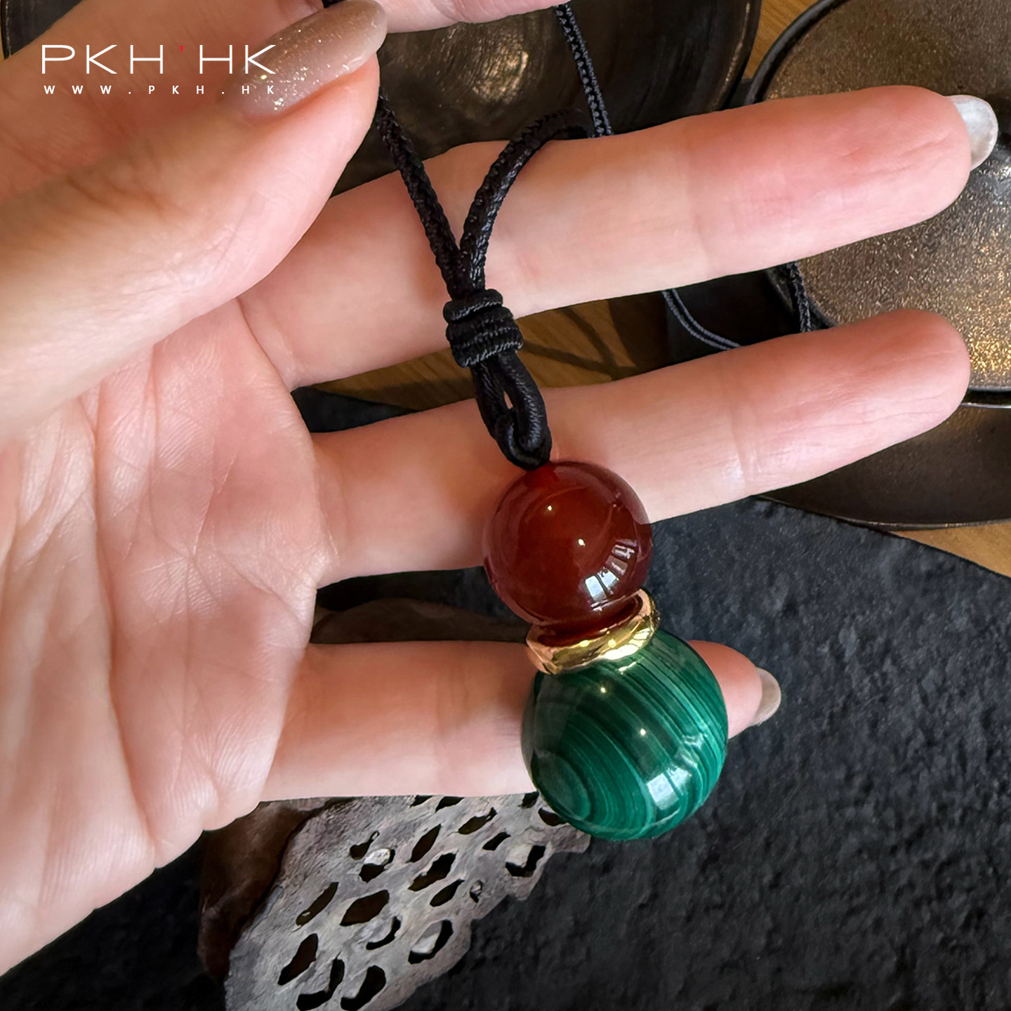 PKH.HK特原创日常时髦文艺新中式天然玛瑙孔雀石手工编绳项链长链
