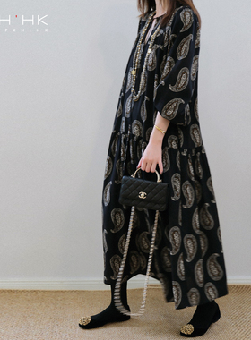 PKH.HK 特 秋冬季氛围小众时髦气质宽松舒适大袍子印花长袖连衣裙