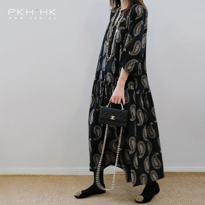 宽松舒适大袍子印花长袖连衣裙