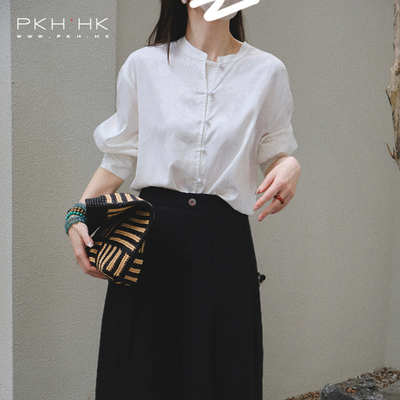 PKH.HK特 云淡风轻缎感人丝新中式提花立领薄长袖衬衣