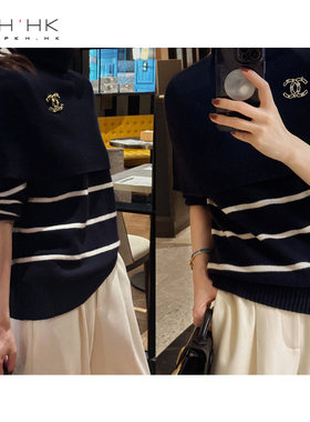 PKH.HK 冬季 特 时髦设计可拆2WAYS实穿圆领条纹披肩两件套毛衣