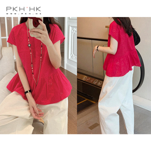 PKH.HK特 上衣 本期BI入DU家定染梅子色全棉镂空荷叶边下摆短袖