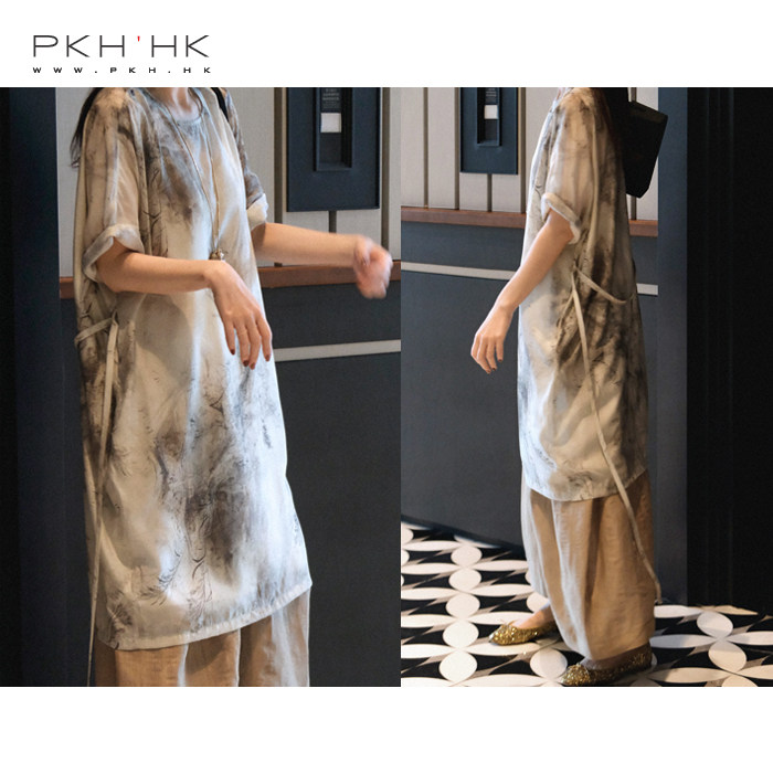 PKH.HK 特 春夏淡淡墨色渲染新中式文艺松弛感宽松中长裙衫配吊带