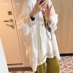 PKH.HK特夏新私服高品清爽度假文艺软绵肌理亚麻宽松中长上衣罩衫