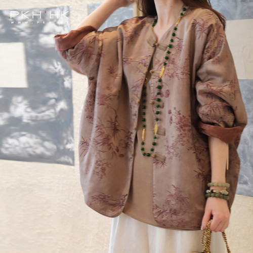 PKH.HK特秋日常新中式人丝提花香云纱薯莨染双面异色质感盘扣外套