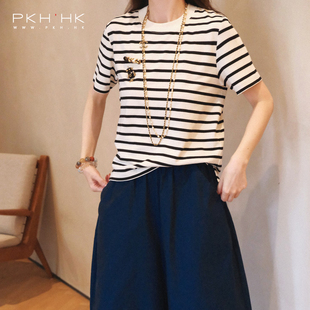 PKH.HK特 夏上新文自留日常好穿气质杏黑条提气色圆领正肩条纹T