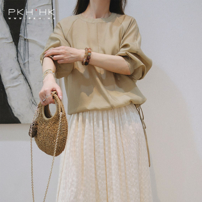 PKH.HK 特夏季新品 气质柔和细腻天丝简洁下摆抽绳圆领宽松衬衣