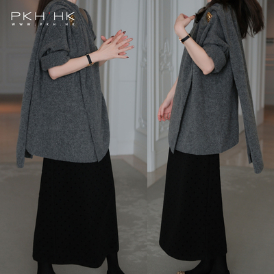 层叠围裹披肩造型厚大毛衣外套