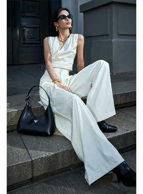 CIZZLEMORE 高级感轻熟风两件套装圆领无袖背心女高腰系带阔腿裤