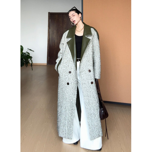 CIZZLEMORE【绿绒谧语】翻领撞皮加厚夹棉长款特种纱毛呢大衣外套