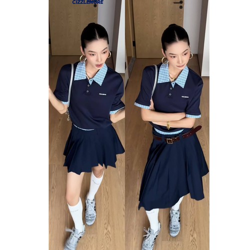 CIZZLEMORE【学姐】正肩短袖t恤Polo衫女拼接假两件上衣