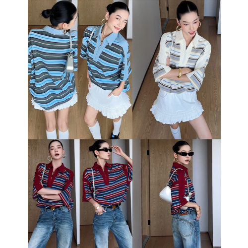 CIZZLEMORE 小画家韩系复古条纹休闲显瘦设计感短袖美式Polo衫女