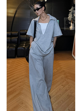 CIZZLEMORE 松灰色拼接假两件V领oversize短袖上衣宽松阔腿卫裤