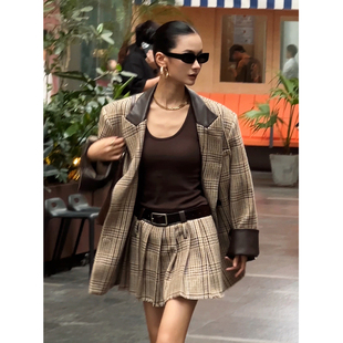 百褶裙 复古千鸟格纹羊毛廓形垫肩夹克外套 CIZZLEMORE 戛纳