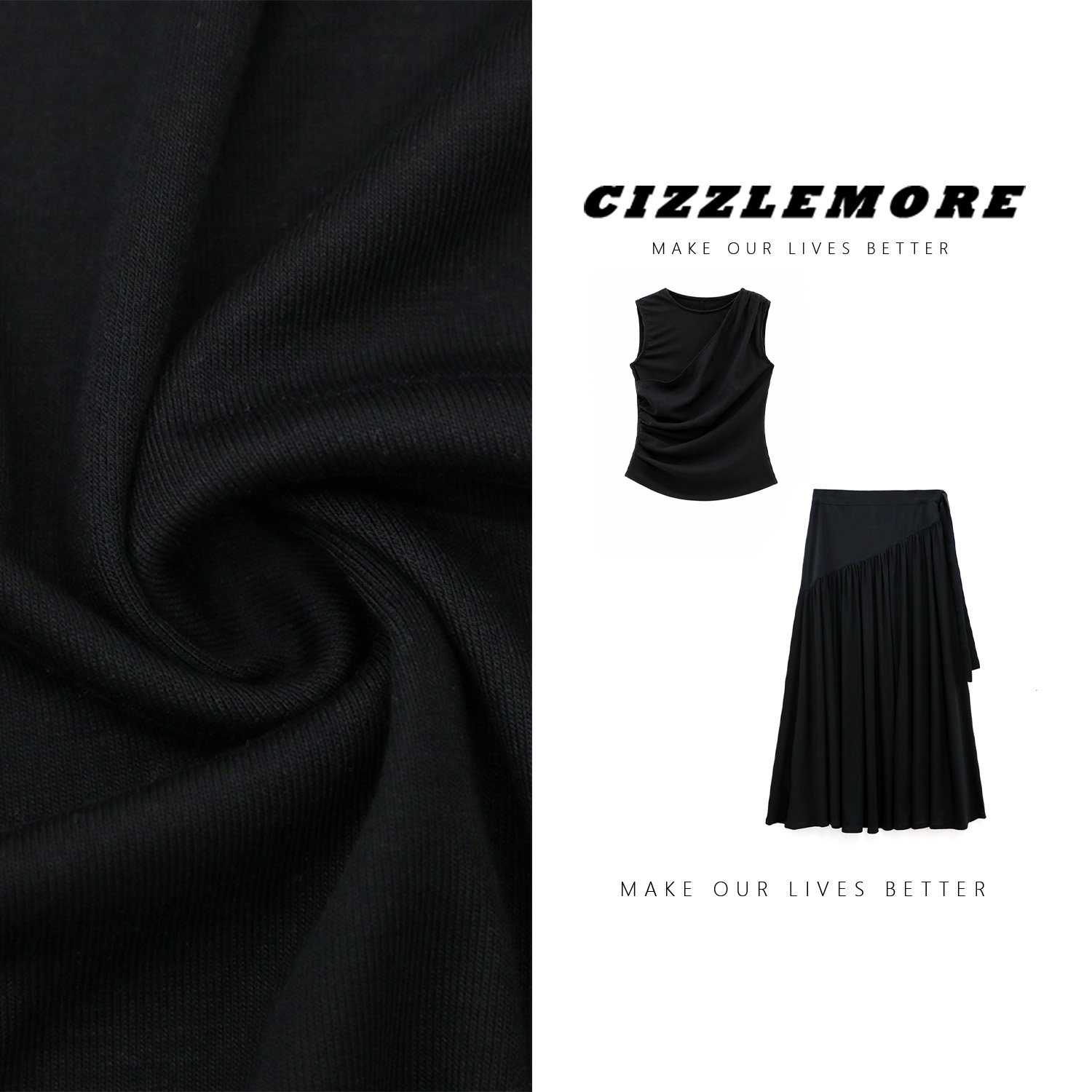 CIZZLEMORE【风折青棠】质感圆领无袖上衣A字版灵动垂感半裙套装 - 实物图