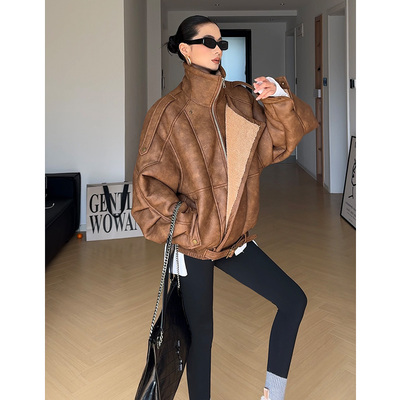 CIZZLEMORE 复古肌理感机车服翻领加绒加厚皮毛一体夹克外套女