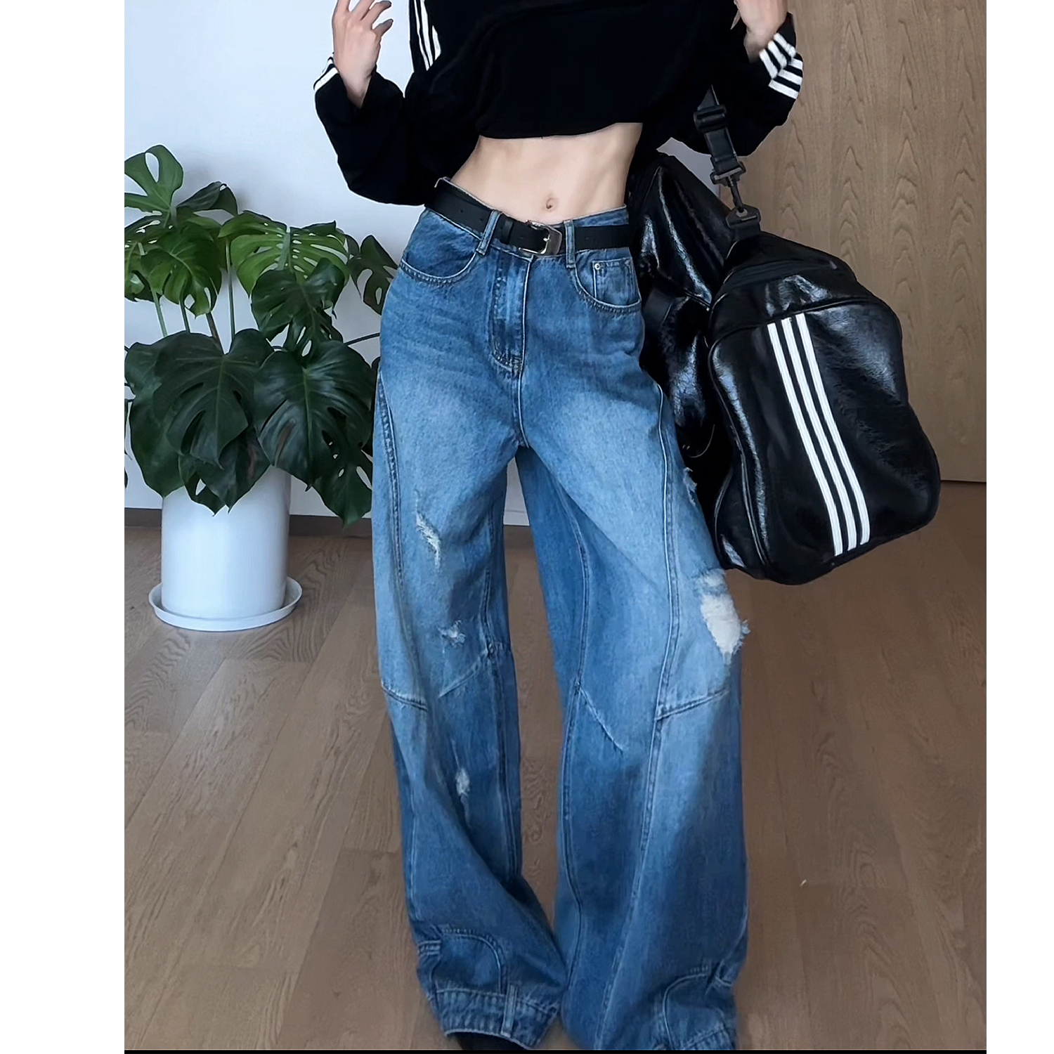 CIZZLEMORE 闲酷街头个性设计感破洞拼接休闲宽松显瘦牛仔长裤女