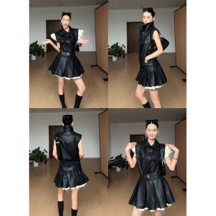 皮马甲百褶皮短裙套装 高定质感拼接撞色泡泡袖 知柔 CIZZLEMORE