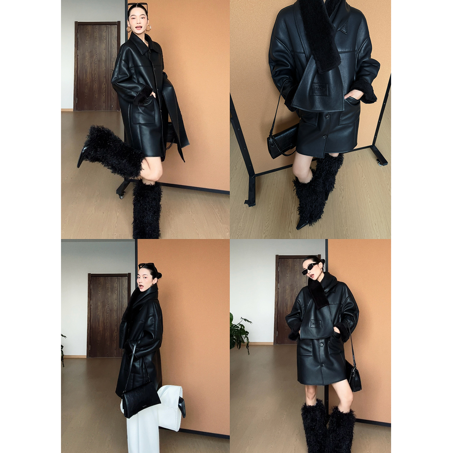 CIZZLEMORE【冰岛极夜】设计感加绒厚宽松廓形皮夹克毛毛围巾外套