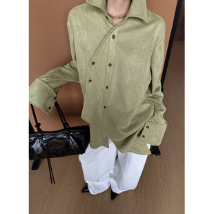 女2025冬新款 CIZZLEMORE 衬衫 草木绿质感麂皮绒长袖 上衣 新苔