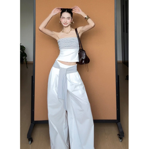CIZZLEMORE【纯白浪漫】条纹撞色抹胸背心女腰变绑带阔版长裤套装