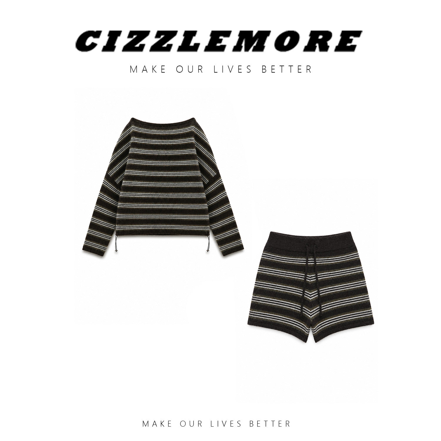 CIZZLEMORE【艺高学姐】高级撞色条纹漏肩蝙蝠袖针织上衣短裤套装