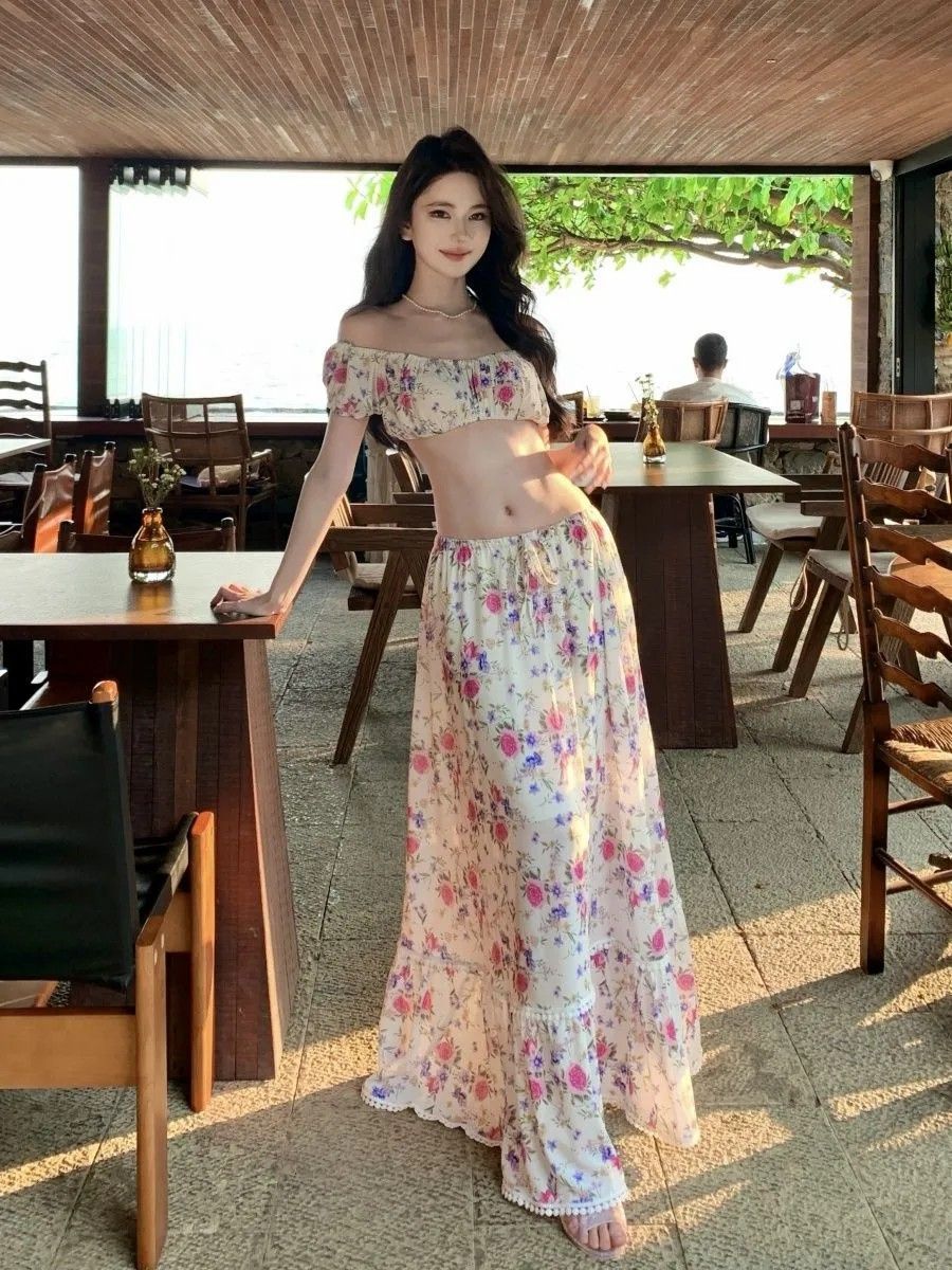 泰国度假穿搭套装裙海边沙滩裙两件套泡泡袖上衣女半身裙