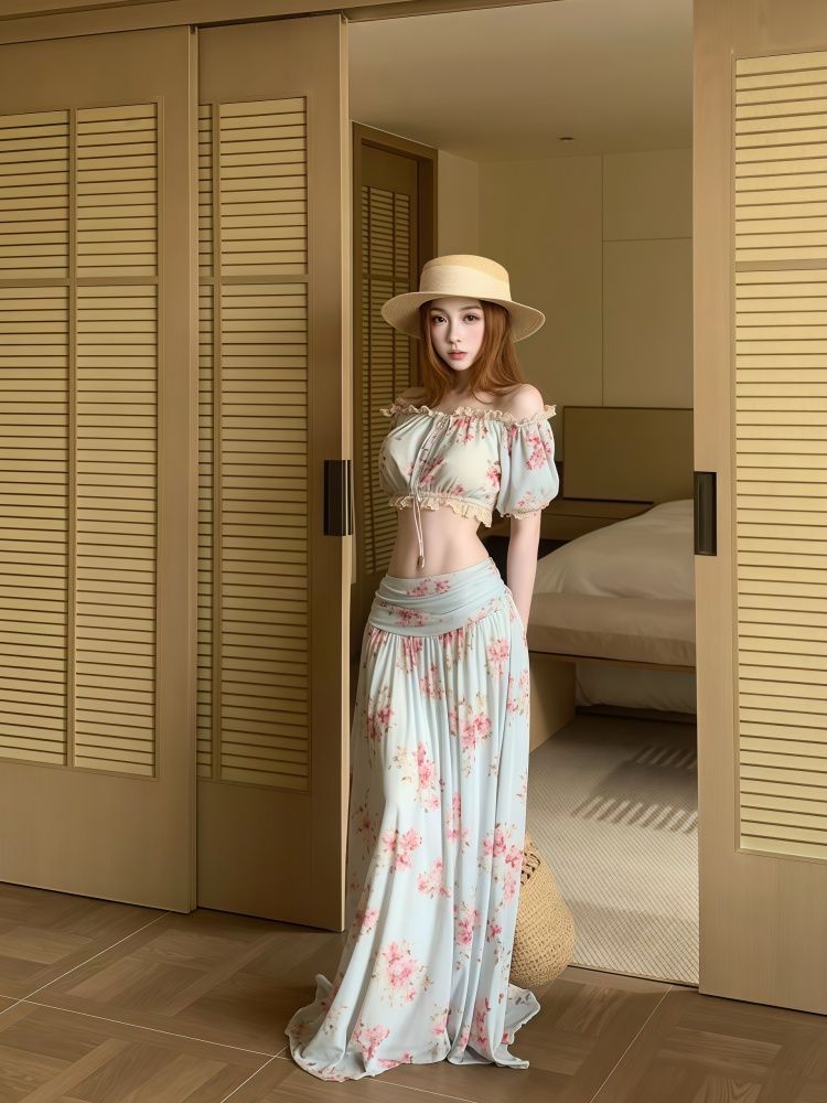 夏季新款女装时尚套装印花度假旅游短袖上衣高腰半身裙长裙两件套