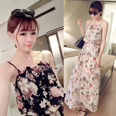 气质甜美碎花雪纺吊带连衣裙女夏波西米亚抹胸打底长裙海边沙滩裙