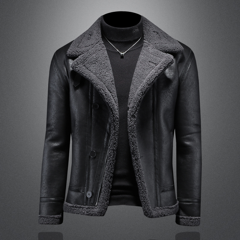 轻奢复古男士皮衣冬季加绒加厚夹克大码机车服皮毛一体外套男短款