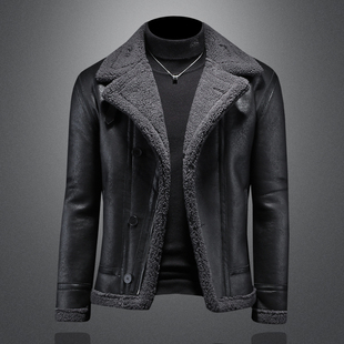轻奢复古男士皮衣冬季加绒加厚夹克大码机车服皮毛一体外套男短款