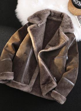 皮毛一体男2025冬季加绒加厚麂皮绒短款机车服棉服男装羊羔毛外套