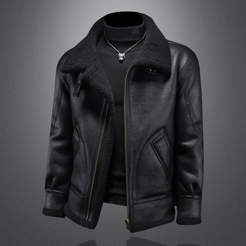 冬季高端皮毛一体男宽松潮牌加绒加厚棉袄夹克男装羊羔毛麂皮外套