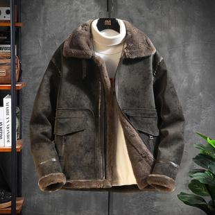 2025冬季轻奢加绒加厚工装夹克皮毛一体麂皮绒羊羔毛外套男机车服