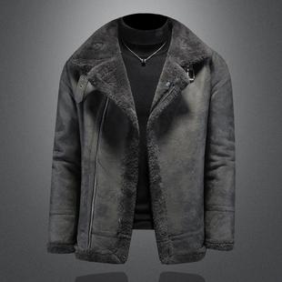 复古麂皮绒羊羔毛外套男夹克加绒加厚冬季 机车皮衣潮 皮毛一体大码