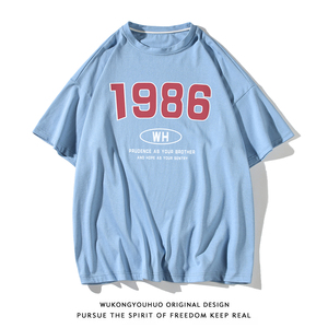 美式百搭1986夏季简约印花全棉宽松短袖T恤T94P25控38,黑色修身裙子怎么搭配外套好看图片