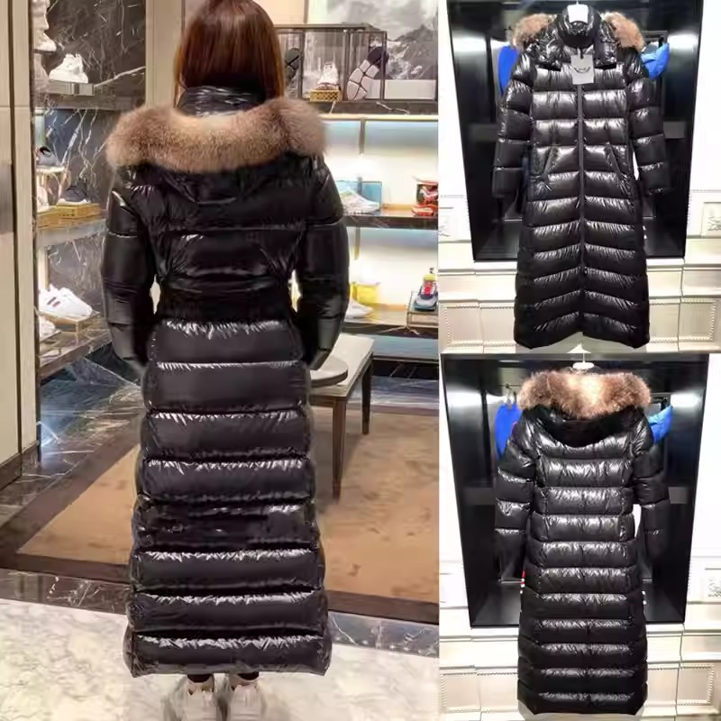 蒙口琪家超厚羽绒服女长款到脚踝90白鸭绒大毛领收腰显瘦连帽外套