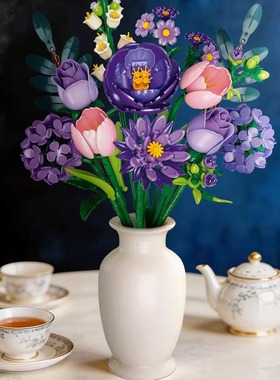 亚马逊欧洲站玩具新品杰星JJ9258拼装DIY治愈系浪漫紫色积木花束